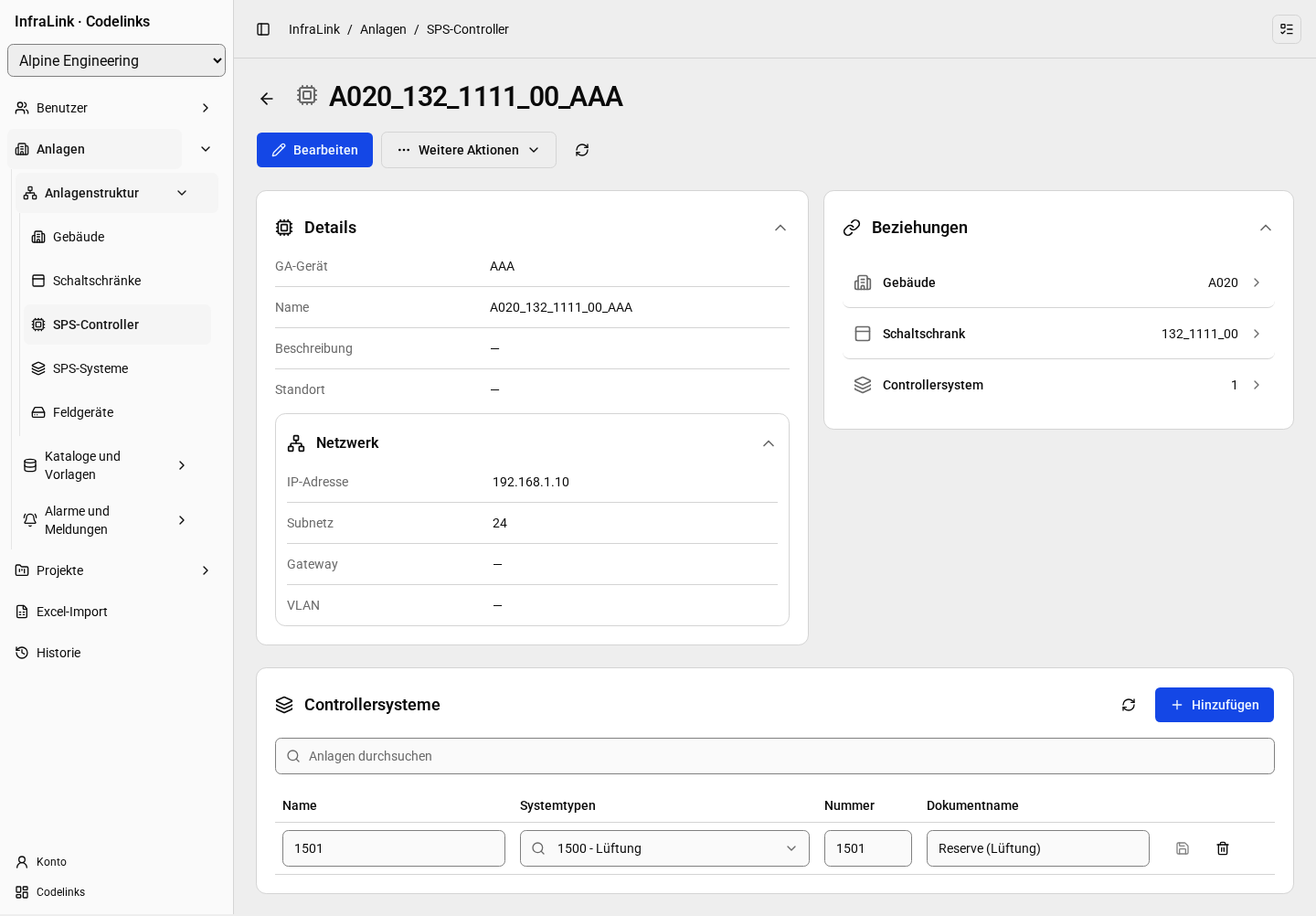 Der Arbeitsbereich von InfraLink mit Controllern und der Anlagenstruktur.