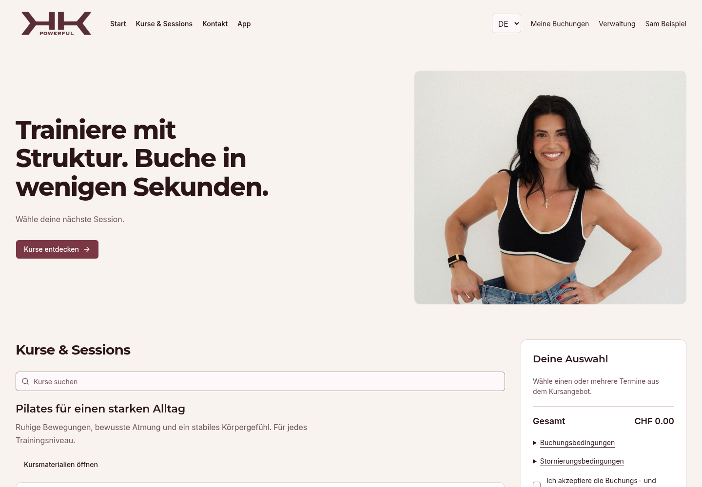 Die Kursübersicht von KursLink im Auftritt von PowerfulByK mit Trainerfoto und buchbaren Terminen.